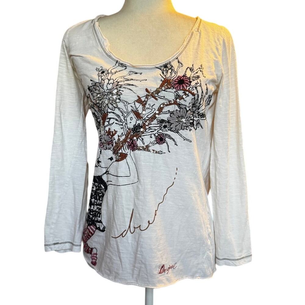 Desigual Graphic Embroidered Long Sleeve Top Size L Boho Artsy Cotton Tee